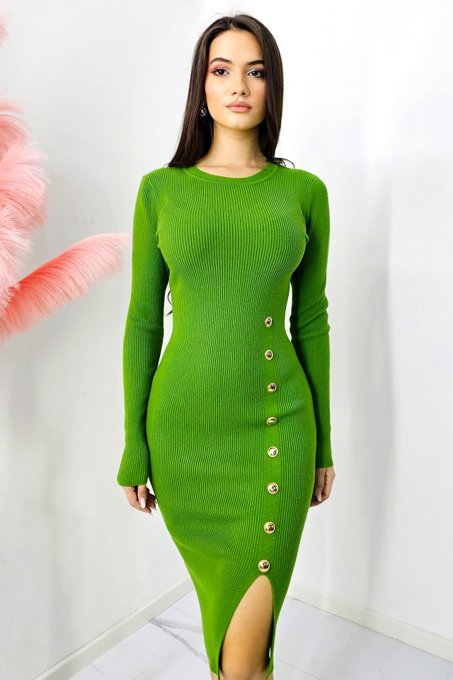 Rochie bodycon KLarisa, tetra, cu crapatura si nasturi decorativi, Verde