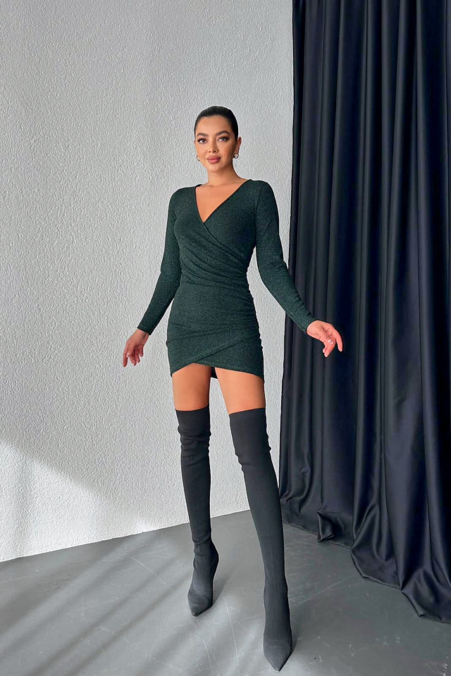 Rochie eleganta Liuba, cu croiala asimetrica, bodycon si fronseuri, Verde