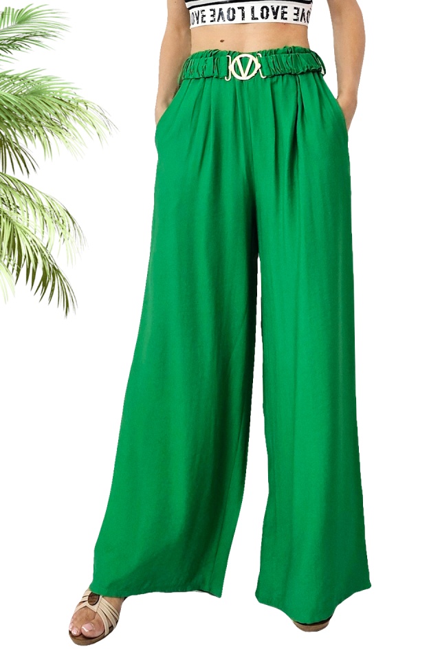 Pantaloni casual DIAFAN, croi lejer wide leg si curea decorativa, Verde, Marime S/M/L