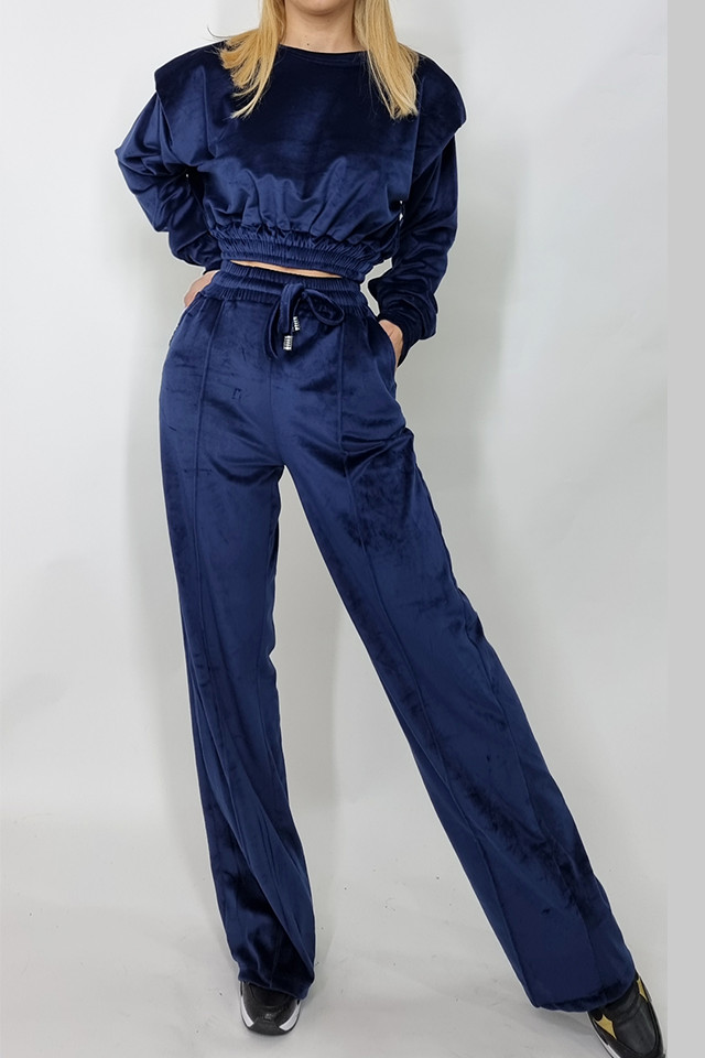 Compleu de catifea Miley bluza si pantaloni evazati bleumarin (Selecteaza Marime: One Size S/M)