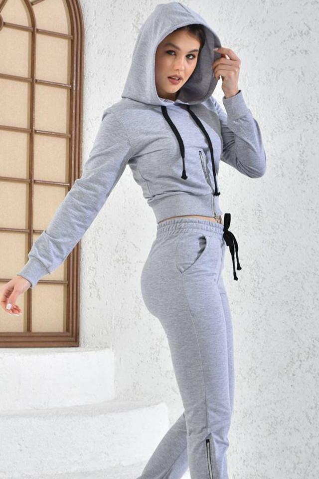 Compleu sport dama, Shary, pantaloni cu fermoar in partea inferioara si bluza cu gluga, Gri