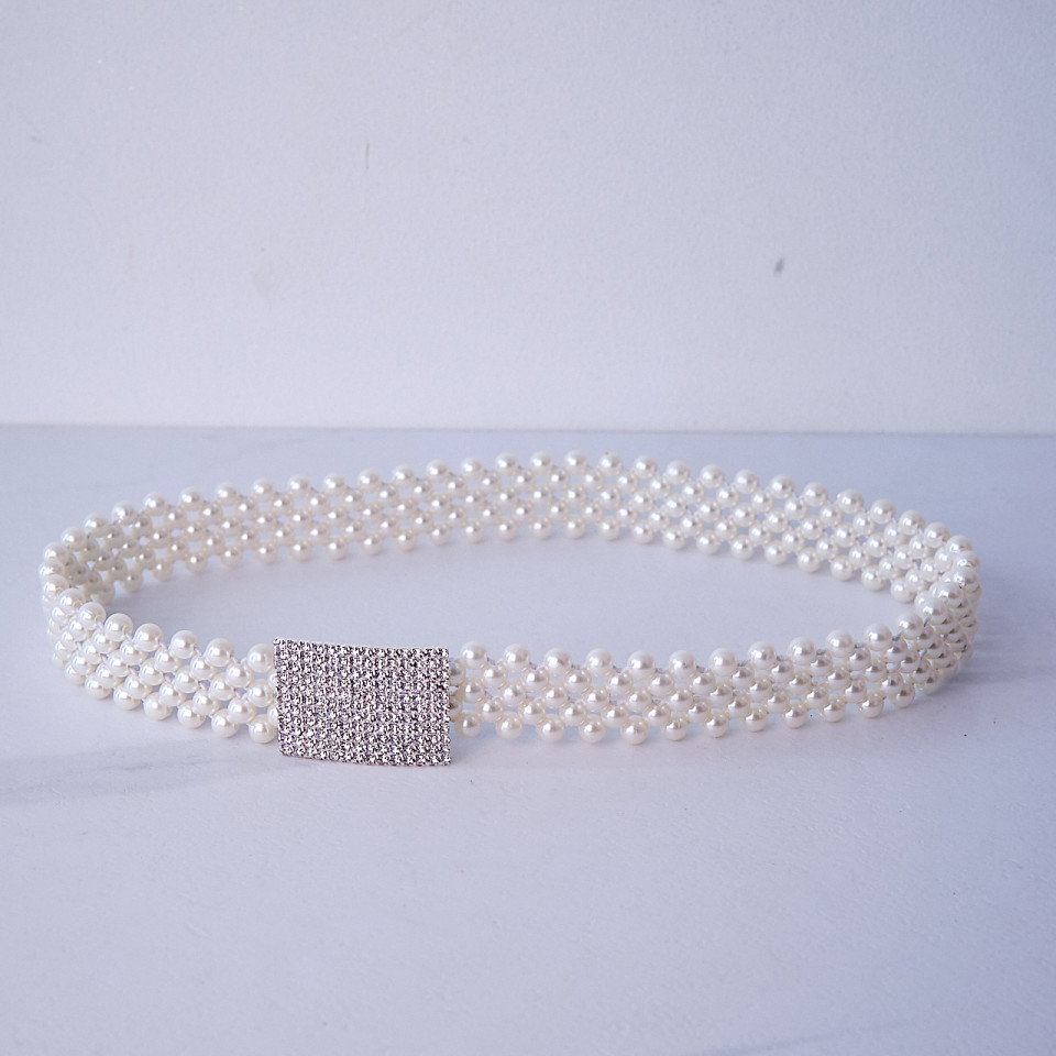 Curea elastica Pearly, catarama metalica decorativa si perle, Onix Alb