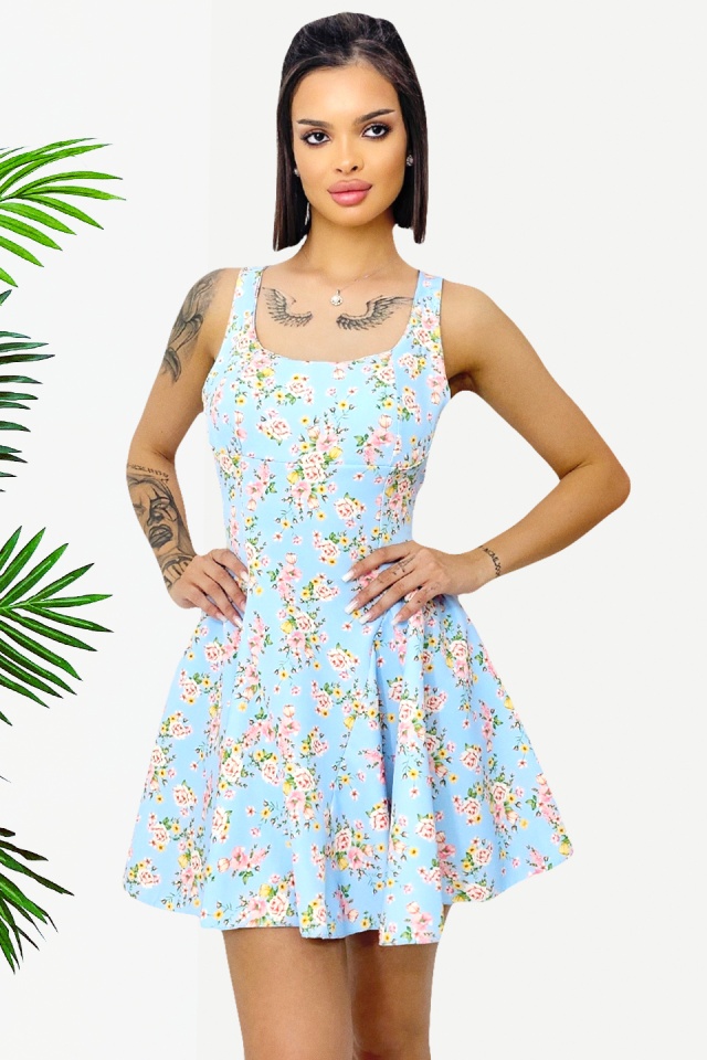 Rochie babydoll MARA, cu funda la spate si imprimeu floral, Albastru baby blue, Marime S/M/L