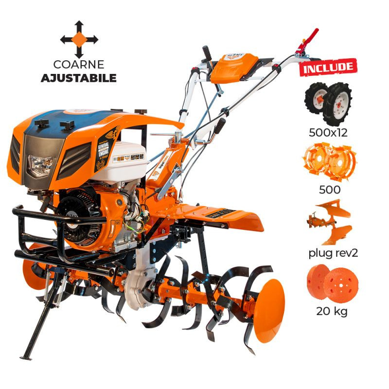 roti motocultor 500/12 Motosapatoare RURIS 913ACC+roti cauciuc 5.00-12+plug reversibil rev2+roti metalice 500+set contragreutati 20KG 13 CP