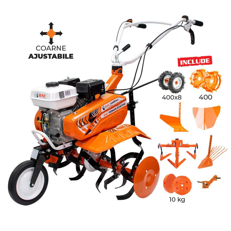mașină de scos cartofi după tractor Motosapa DAC 7000 ACC3 + roti cauciuc 4.00-8+rarita+plug+adaptor+dispozitiv scos cartofi+roti metalice 400 fara manicot+cultivator+set contragreutati