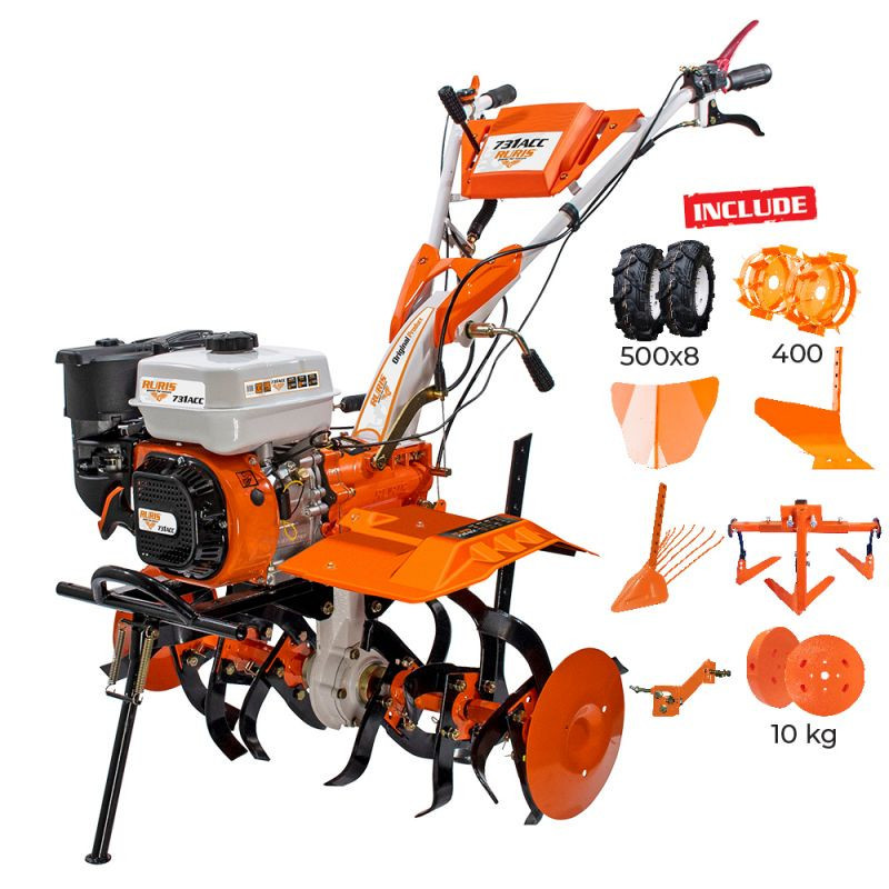 motocultor ruris 731k acc 7.5 cp Motocultor RURIS 731ACC1 + roti cauciuc 5.00-8+rarita+plug+adaptor+dispozitiv scos cartofi+roti metalice 400+cultivator+set contragreutati 8.5 CP