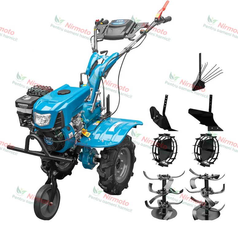 roti motocultor 500/8 Motocultor DKD 100B NEW, motor 7 CP, benzina, 2+1 viteze, latime lucru 50-89 cm, freze, roti cauciuc 4.00x8", capota cu far LED, roti metal, plug