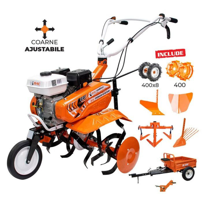 anvelope remorca 4.00 8 Motosapa DAC 7000 ACC4 + roti cauciuc 4.00-8+rarita+plug+adaptor+dispozitiv scos cartofi+roti metalice 400 fara manicot+cultivator+remorca RURIS 450S
