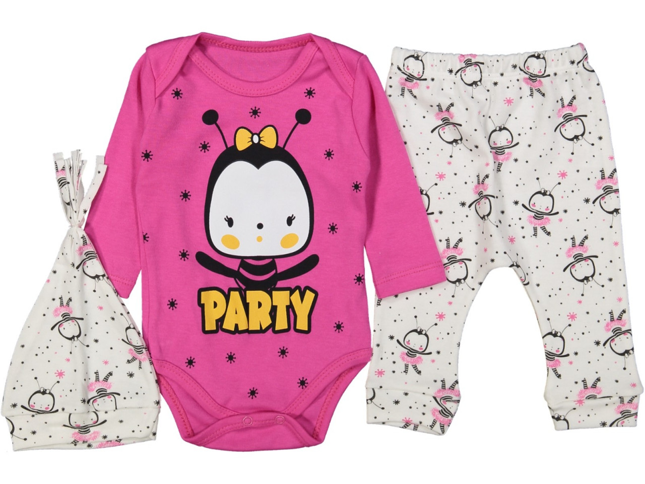 Body, pantalon si caciulita, pentru bebelusi, albinuta, roz, 6-9 luni