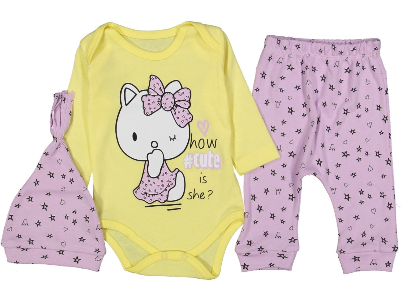 Body, pantalon si caciulita, Bumbac 100%, pentru bebelusi, Hello Kitty, galben-mov