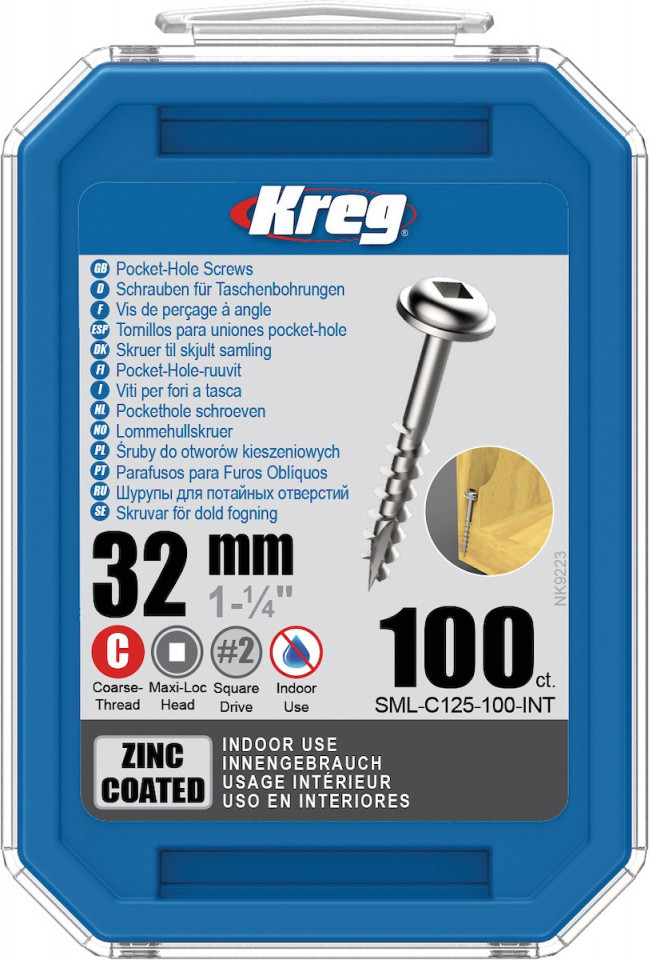 Holtsuruburi KREG® Pocket-Hole, zincate, 32mm, filet grosier, cap bombat, Maxi-Loc - 100 bucati