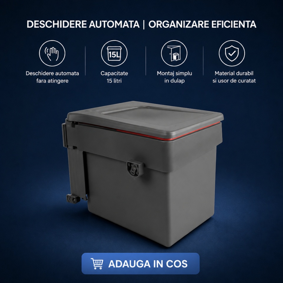 Cos de gunoi plastic, gri, 15 litri, dreptunghiular, deschidere automata cu mecanism special