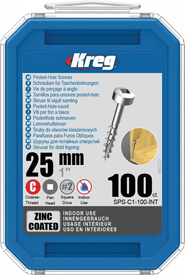 Holtsuruburi KREG® Pocket-Hole, zincate, 25mm, filet grosier, cap plat cilndric, Maxi-Loc – 100 bucati 100