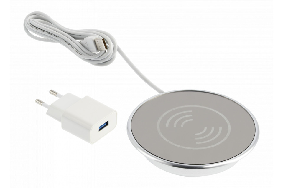 Incarcator WIRELESS cu USB,LUX, argintiu, cablu alimentare 2m, 10W