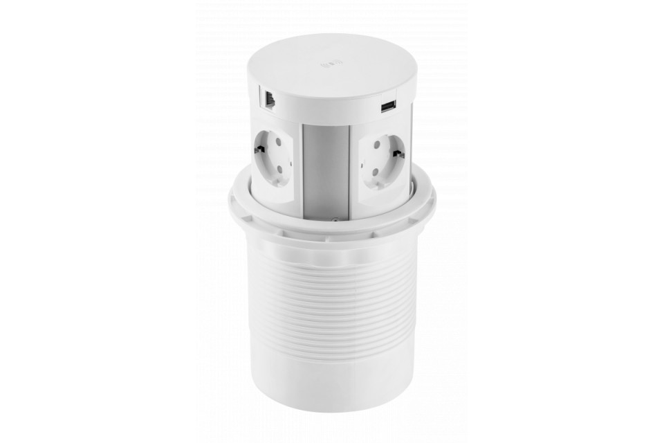 Priza GTV rotunda, 145mm, cu incarcare, 4xSchuko, 2xUSB, 2xRJ45, cablu alimentare, alba