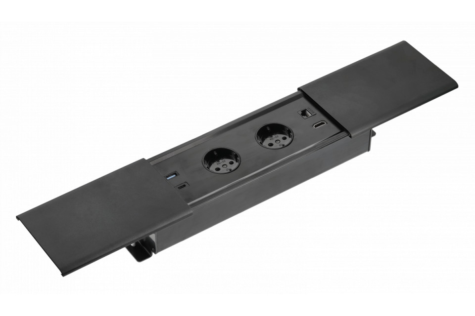 Priza GTV dreptunghiulara, 2xSchuko, 1xUSB A, 1xUSB C, RJ45, HDMI, cablu incarcare 1.5m, neagra