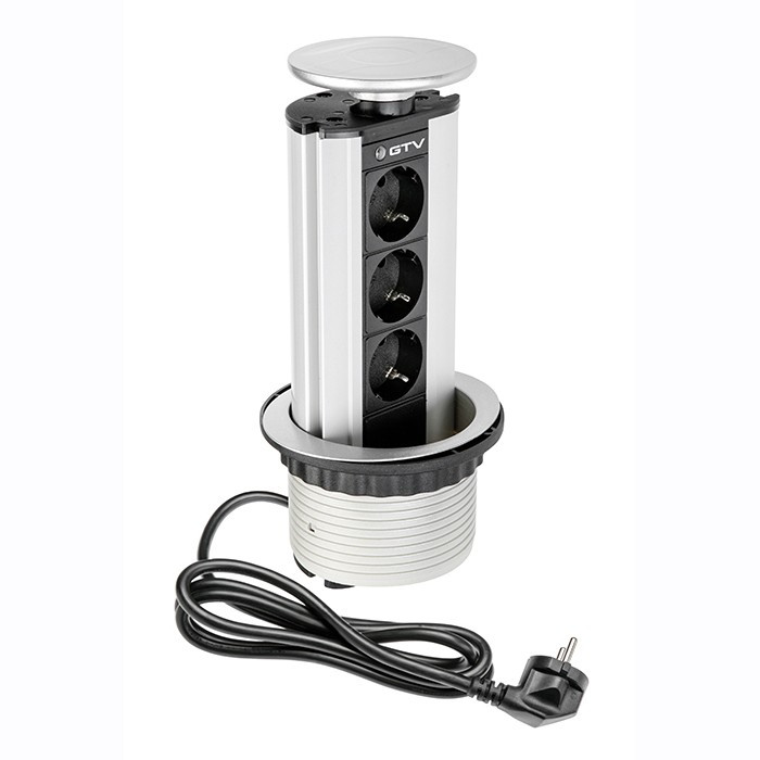 Priza GTV rotunda, 100mm, 3xSchucko, silver, cablu alimentare