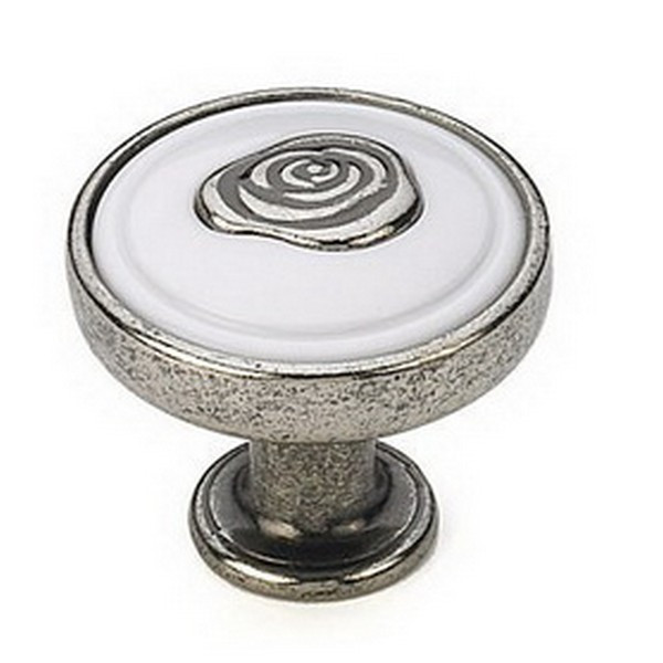 Buton metalic SIRO 1896 - argint antic+alb+ornament, rotund