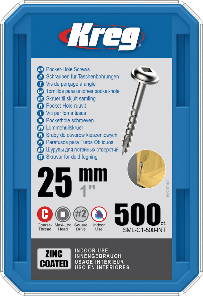 Holtsuruburi KREG® Pocket-Hole, zincate, 25mm, filet grosier, cap bombat, Maxi-Loc - 500 bucati