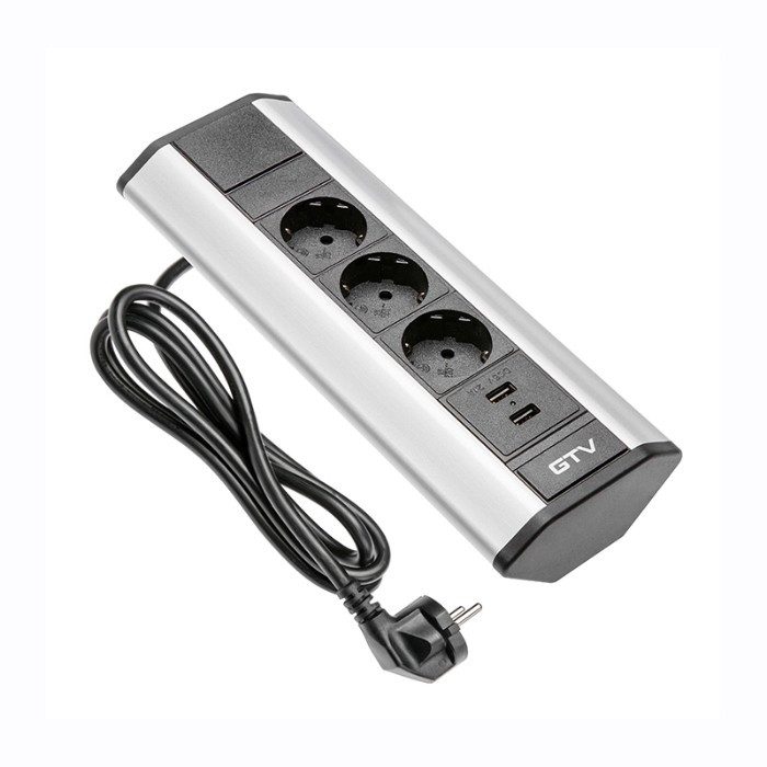 Priza GTV colt, 3xSchuko, 2xUSB 2.1A-5V, cablu alimentare, Silver