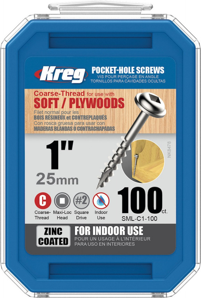 Holtsuruburi KREG® Pocket-Hole, zincate, 25mm, filet grosier, cap bombat, Maxi-Loc – 100 bucati 100