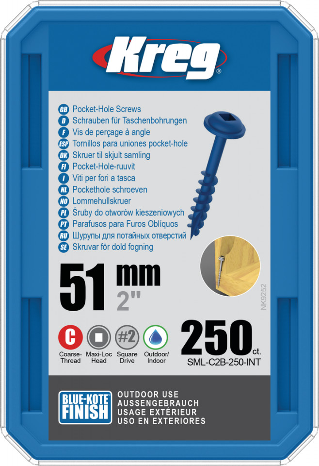 Holtsuruburi KREG® Pocket-Hole, Blue-Kote, 51mm, filet grosier, cap bombat, Maxi-Loc – 250 bucati 250