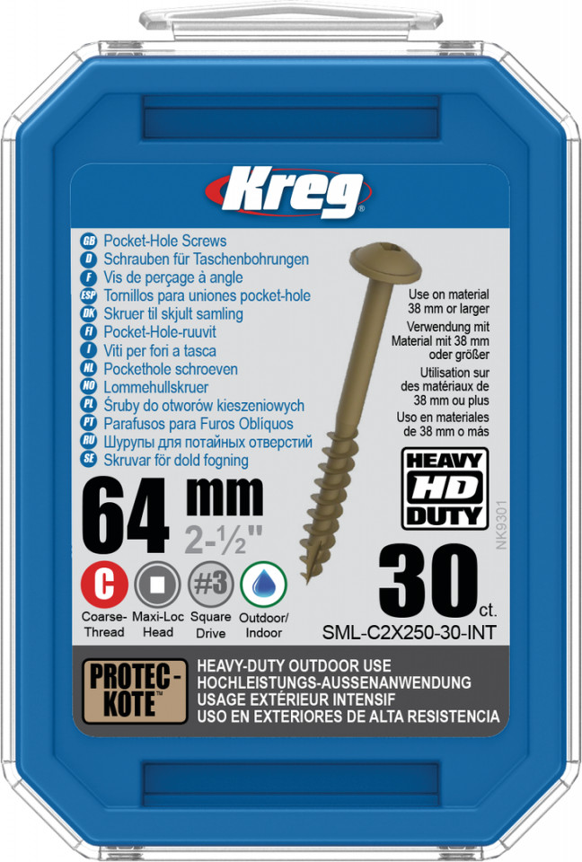 Holtsuruburi KREG® Pocket-Hole HD, Protec-Kote™, 64mm, filet grosier, cap bombat, Maxi-Loc – 30 bucati 64mm