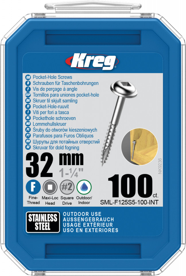 Holtsuruburi KREG® Pocket-Hole, Inox, 32mm, filet fin, cap bombat, Maxi-Loc, 100 bucati