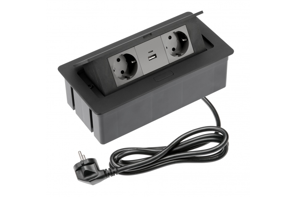 Priza GTV dreptunghiulara, 2xSchuko, 2xUSB 2A, cablu 1,5ml - Neagra