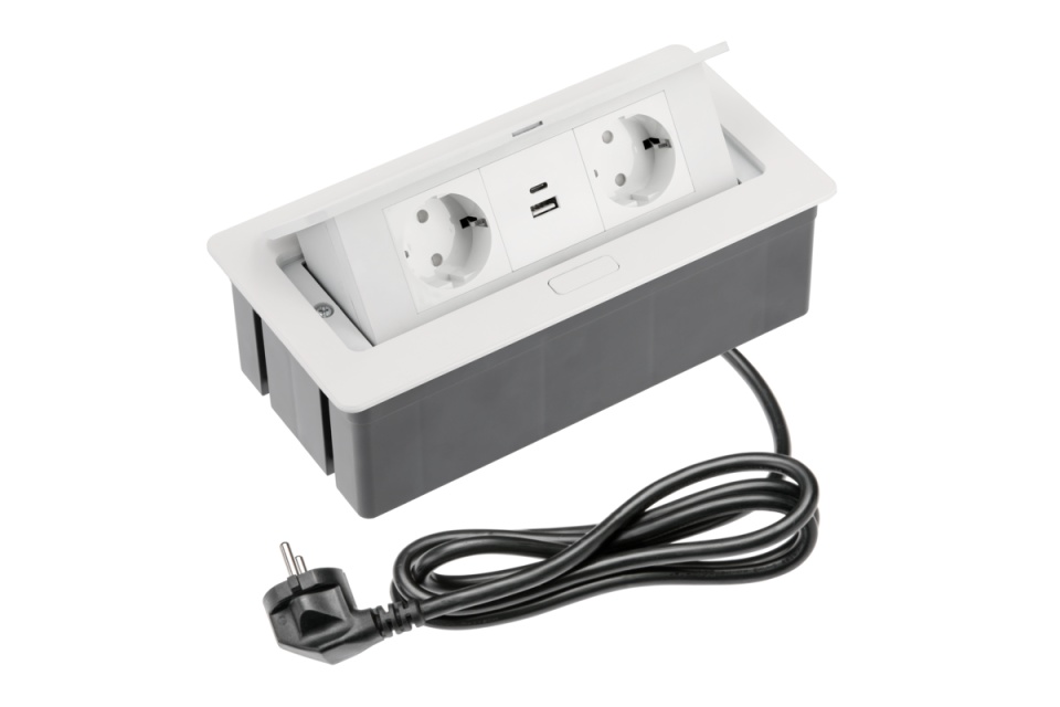 Priza GTV dreptunghiulara, 2xSchuko, USB A+C, cablu 1,5ml - Alba