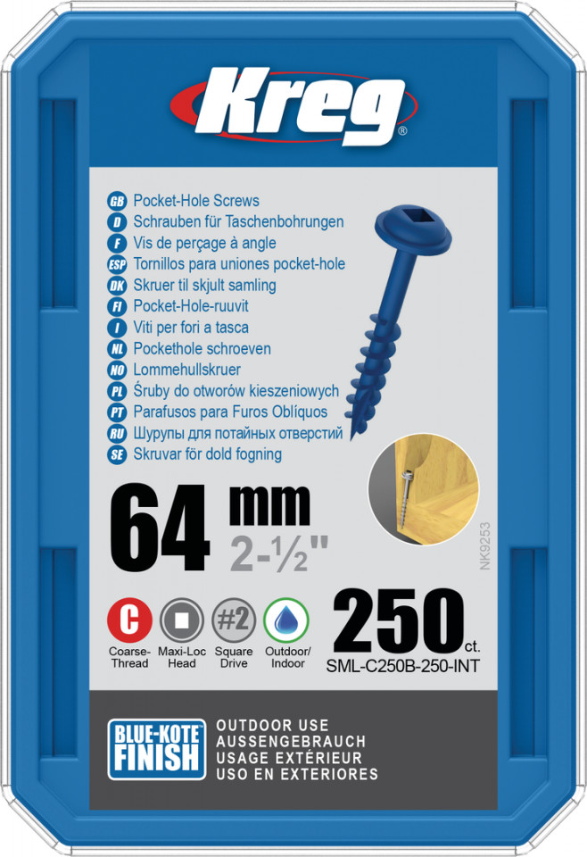 Holtsuruburi KREG® Pocket-Hole, Blue-Kote, 64mm, filet grosier, cap bombat, Maxi-Loc – 250 bucati 250