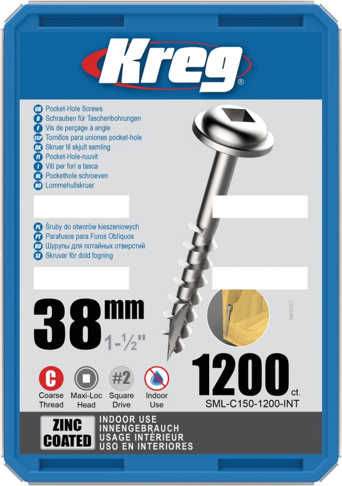 Holtsuruburi KREG® Pocket-Hole, zincate, 38mm, filet grosier, cap bombat, Maxi-Loc - 1200 bucati