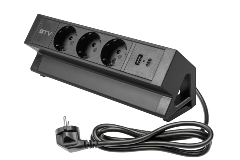 Priza GTV aplicata, BASCO, 3xSchuko + USB A+C, cablu 1,5ml - Neagra