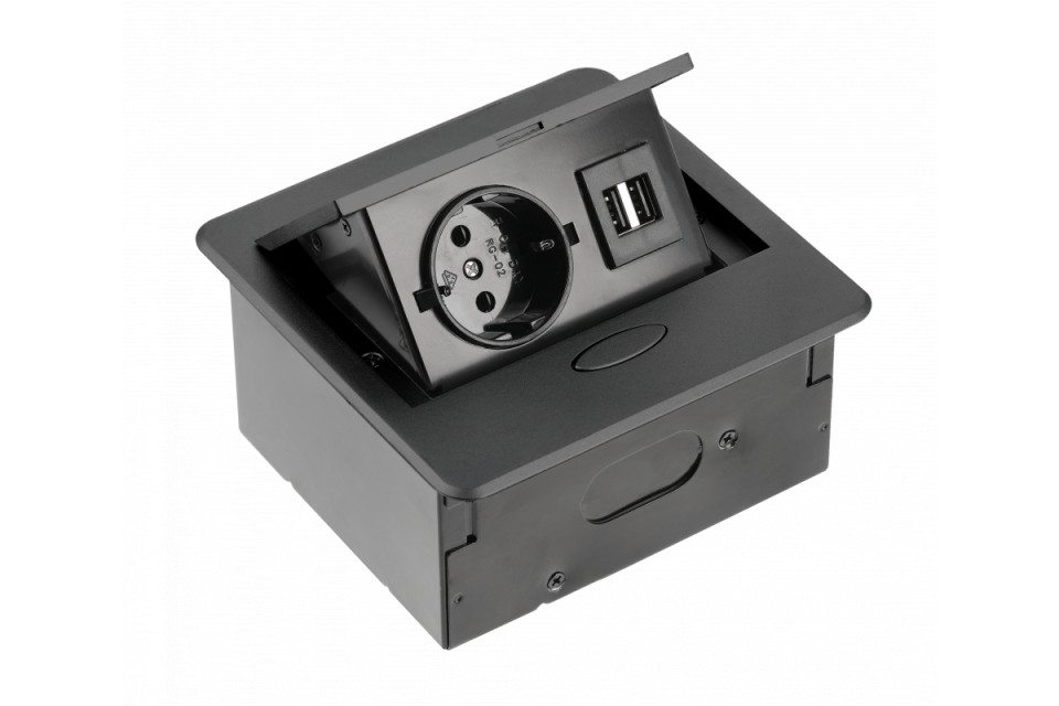 Priza GTV dreptunghiulara, 1xSchuko, 1xUSB 5V 2A, neagra