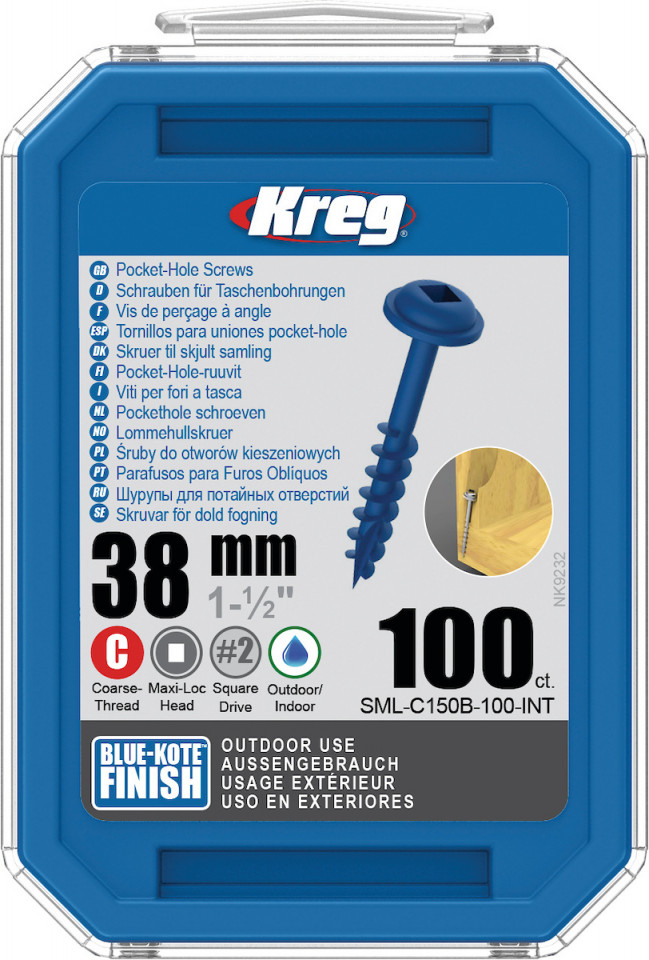 Holtsuruburi KREG® Pocket-Hole, Blue-Kote, 38mm, filet grosier, cap bombat, Maxi-Loc – 100 bucati 100