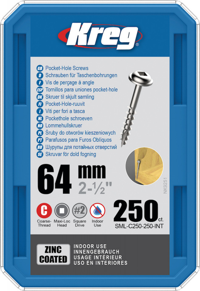 Holtsuruburi KREG® Pocket-Hole, zincate, 64mm, filet grosier, cap bombat, Maxi-Loc – 250 bucati 250