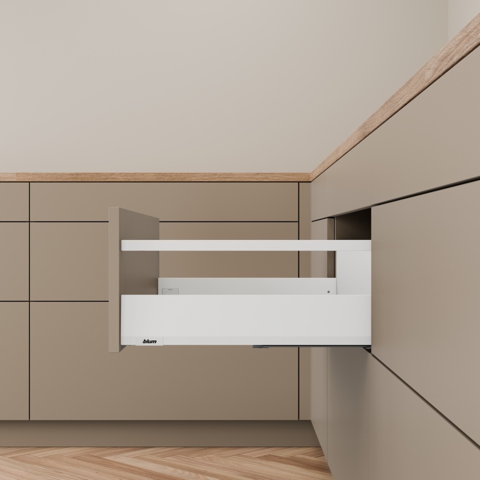 Pachet Blum MERIVOBOX E cu lonjeron, 550 mm, alb-matase mat, BLUMOTION