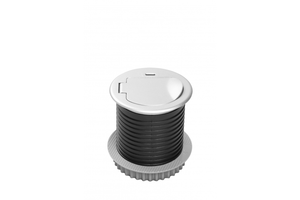 Priza GTV rotunda, 60mm, 1xSchuko, silver, 1xUSB-C, cablu 1,9ml