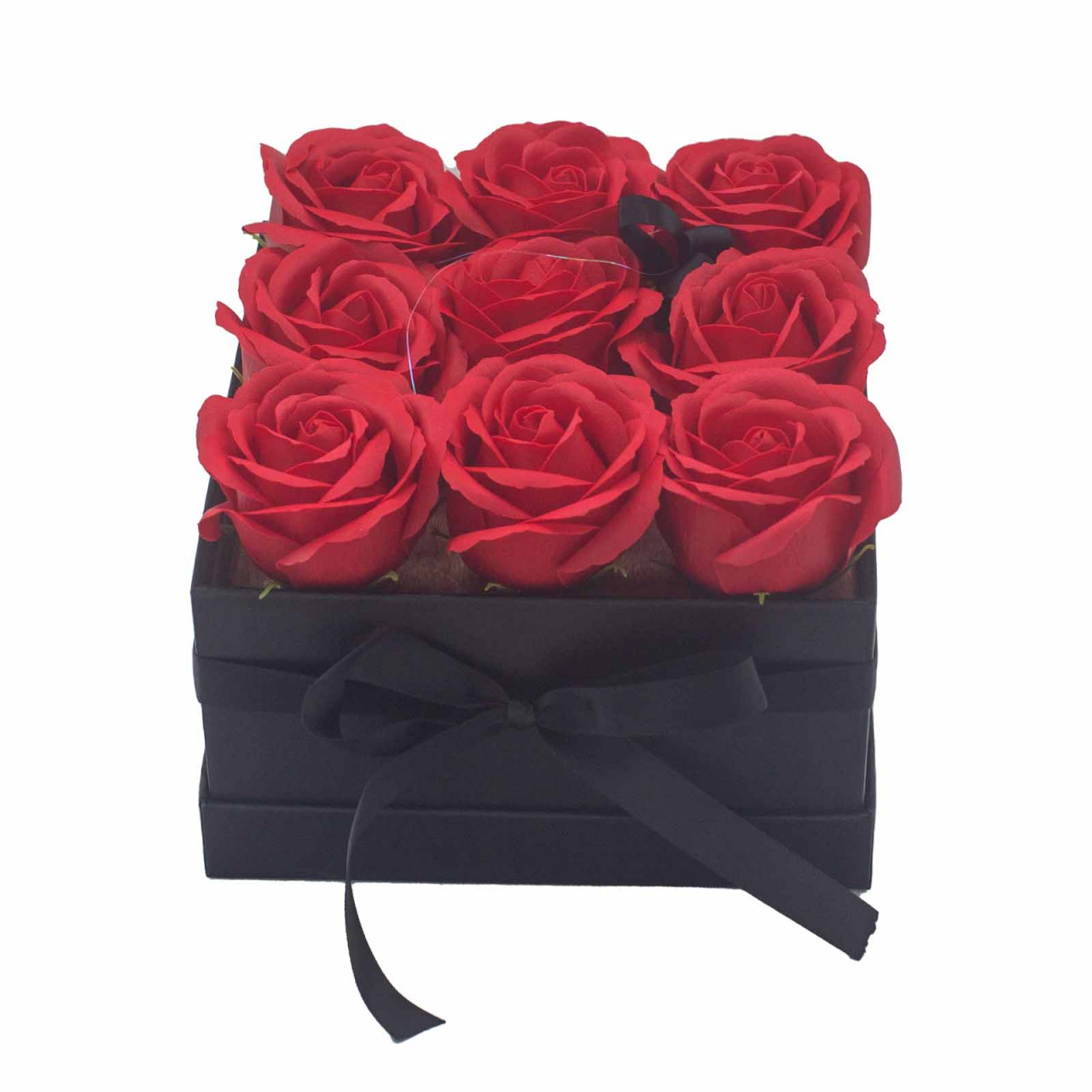 Buchet Flori de Săpun în Cutie Cadou - 9 Trandafiri Roșii - Pătrat