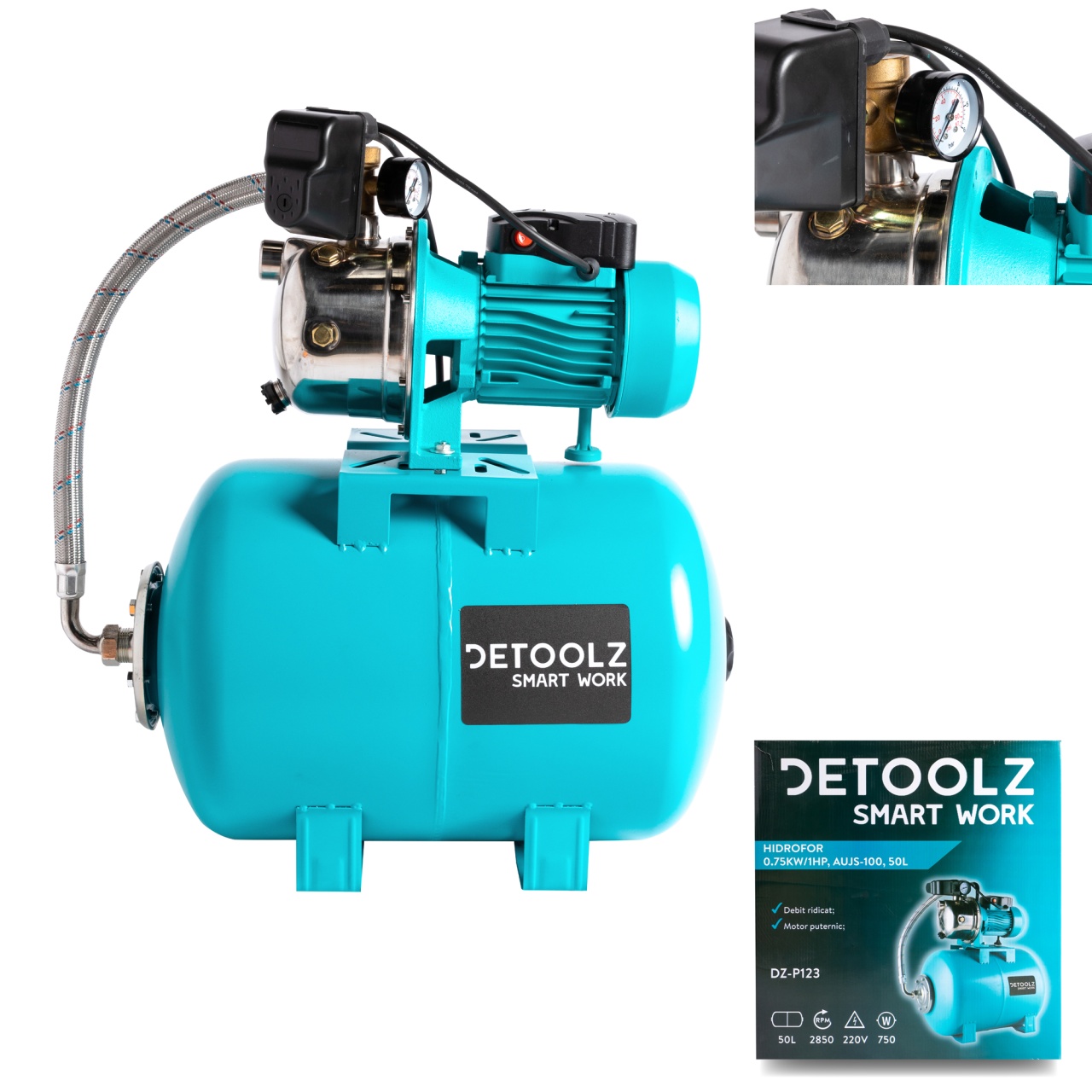 Hidrofor Detoolz 0.75 kW, debit 3300l/h, inaltime de pompare 45m, carcasa pompa inox, volum butelie 50 litri - imagine 3