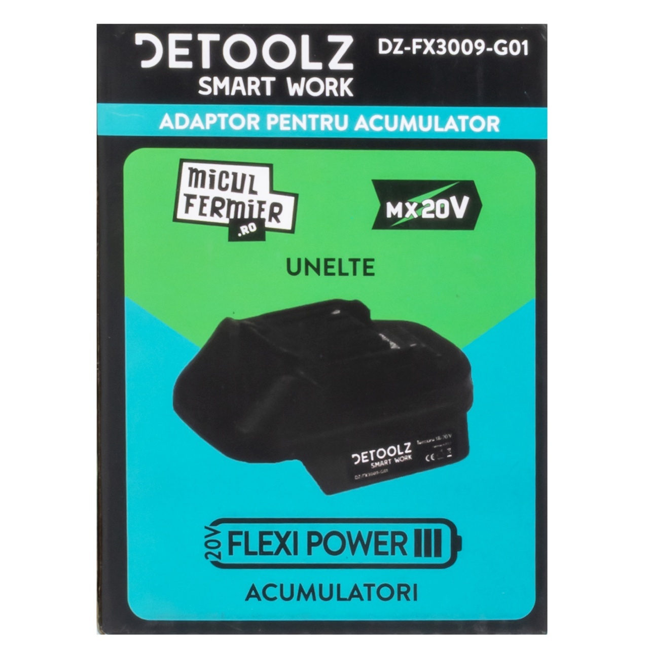 Acumulatori & Incarcatoare - Adaptor Detoolz utilizare acumulator FlexiPower - echipamente Micul Fermier (compatibil Makita LXT)