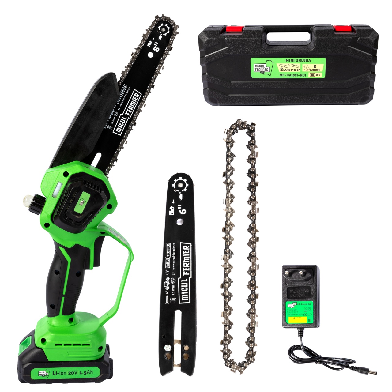 Foarfeci - Mini drujba Micul Fermier, 20V, cu doua lame 6'' si 8'', doua lanturi