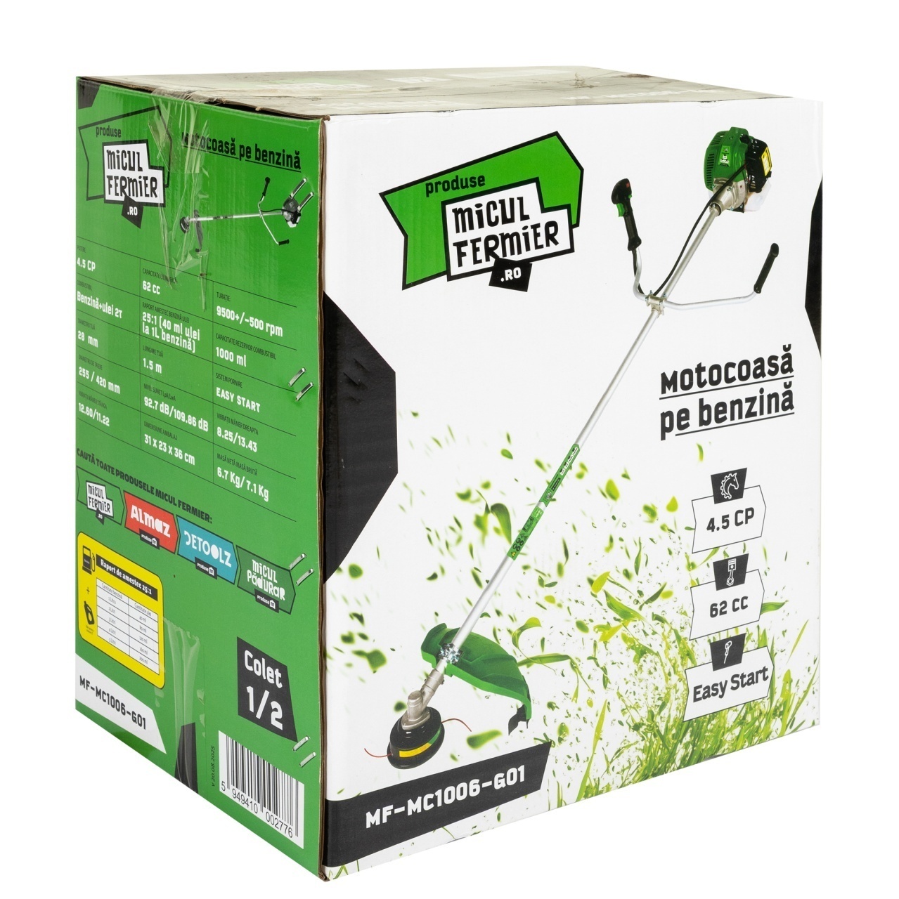 Motocoasa Micul Fermier MF-MC1006-G01, 4.5CP, 62CC, Benzina 2 Timpi, Pornire Rapida, Teava 28Mm, 3 Accesorii