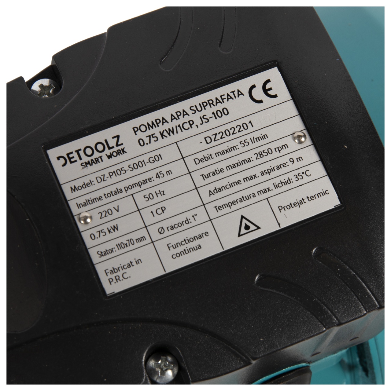 Pompa de suprafata Detoolz, 0.75 kW, debit maxim 3300 l/h, inaltime maxima de pompare 45m, corp pompa inox - imagine 3