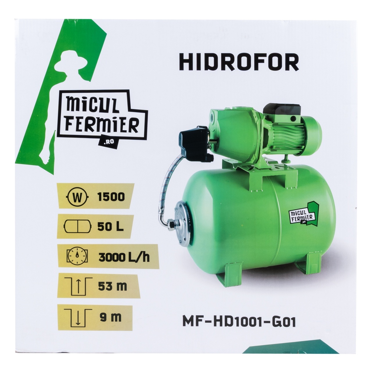 Hidrofor Micul Fermier 1.5 kW, debit maxim 3000l/h, inaltime maxima de pompare 53m, corp pompa fonta, butelie 50L - imagine 3