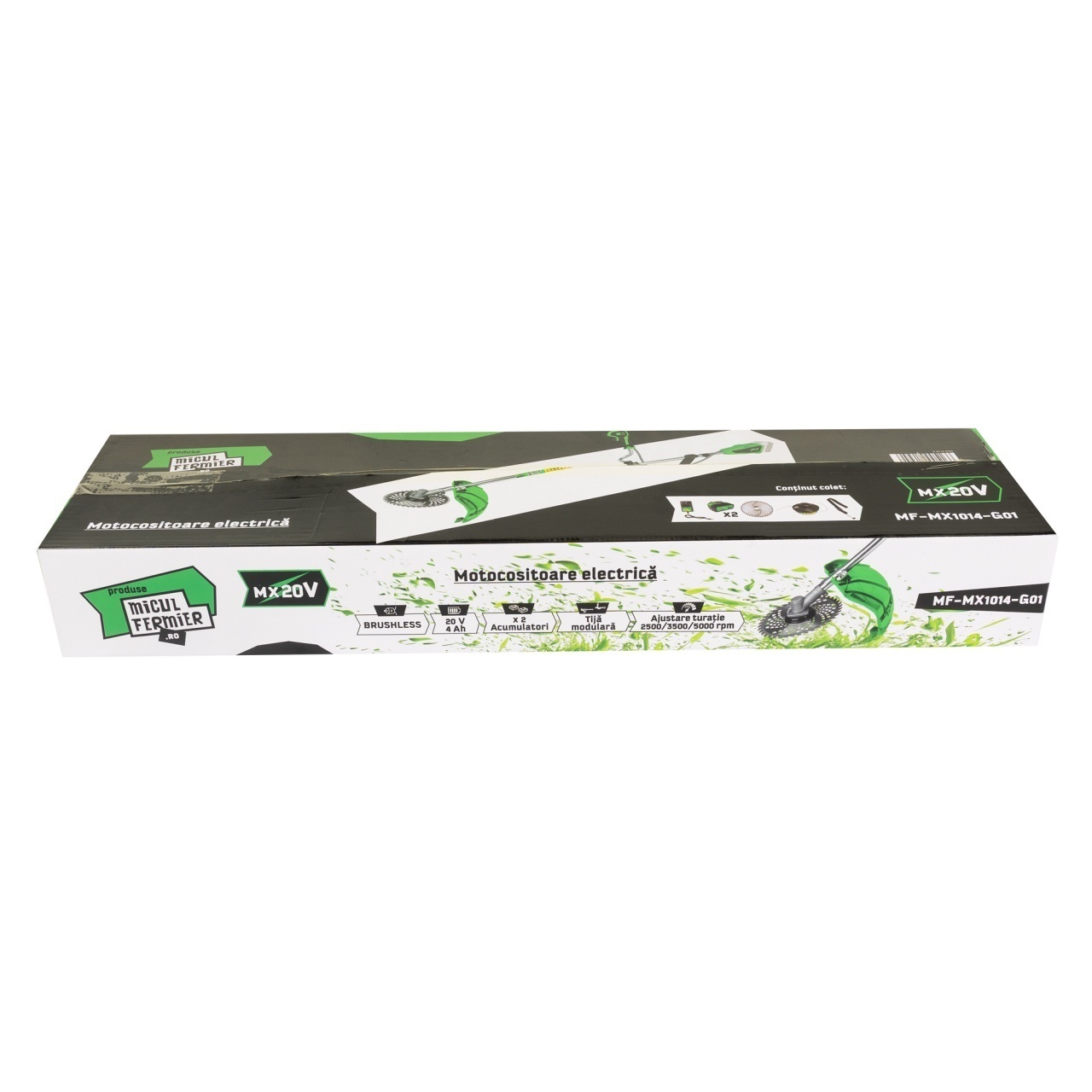 Motocoasa Electrica Micul Fermier MF-MX1014-G01, 20V, 2 Acumulatori 4Ah, 3 Viteze, Maner Dublu, Brushless