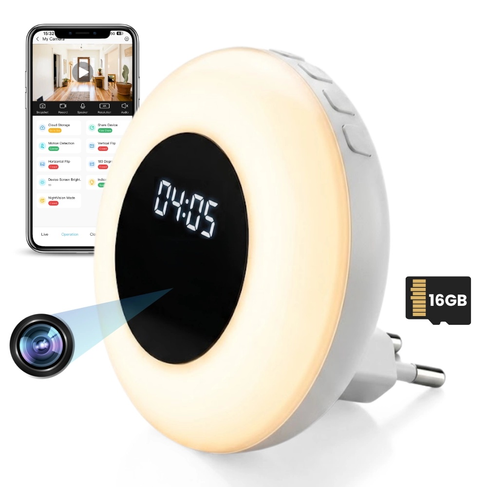 iUni Camera Spion in Lampa de veghe cu Ceas IP71, Wi-Fi, 16GB, Full HD, Night Vision, Vizualizare Live pe telefon