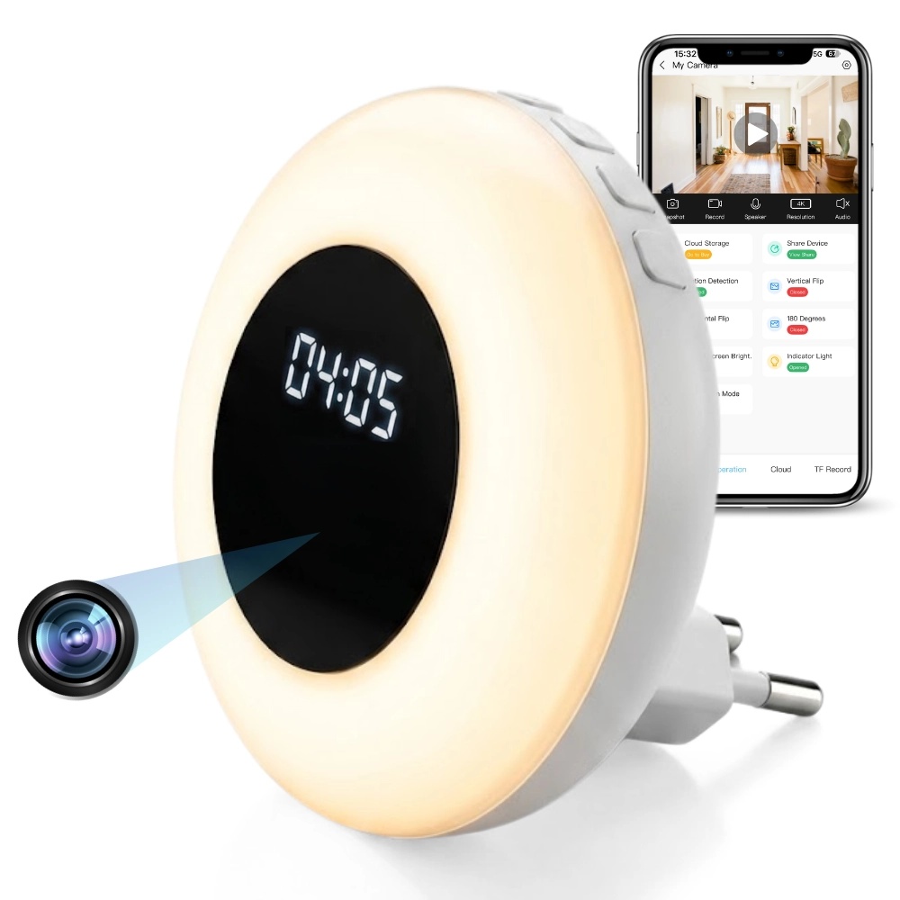 iUni Camera Spion in Lampa de veghe cu Ceas IP71, Wi-Fi, Full HD, Night Vision, Vizualizare Live pe telefon