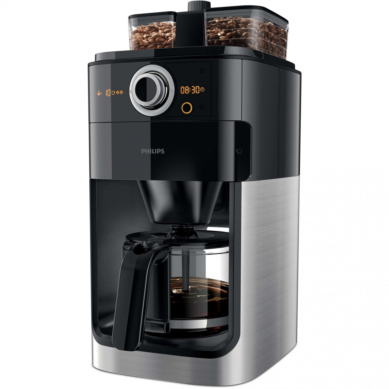 Cafetiera Philips Grind & Brew HD7769/00, 1000 W, vas de sticla, Rasnita de cafea integrata, cronometru, Negru/Metalic