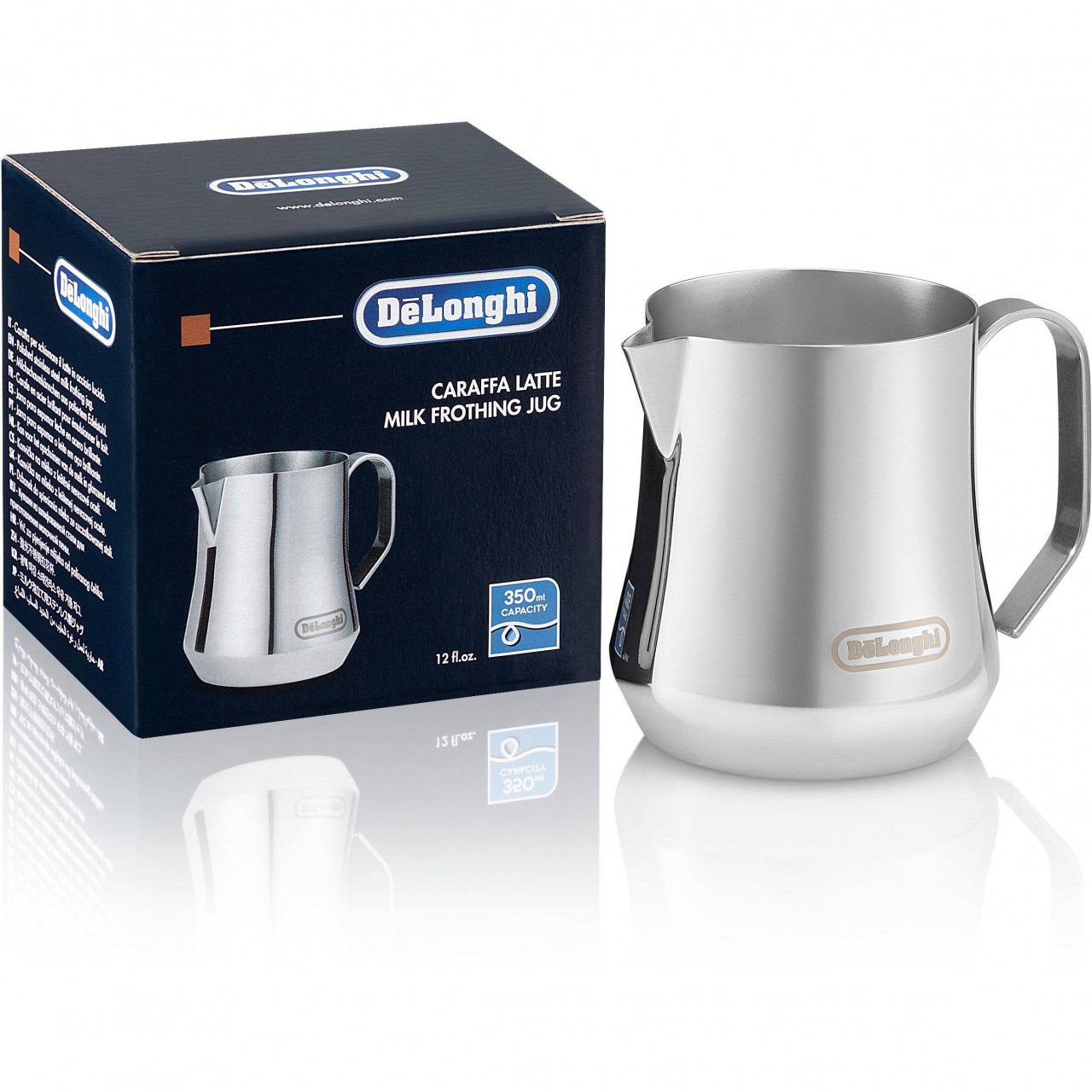 Cană de spumare a laptelui DeLonghi DLSC060, Capacitate 350ml, Din oțel inoxidabil, Formă specială pentru dezvoltarea texturii spumei perfecte, Cioc subțire ideal pentru latte art